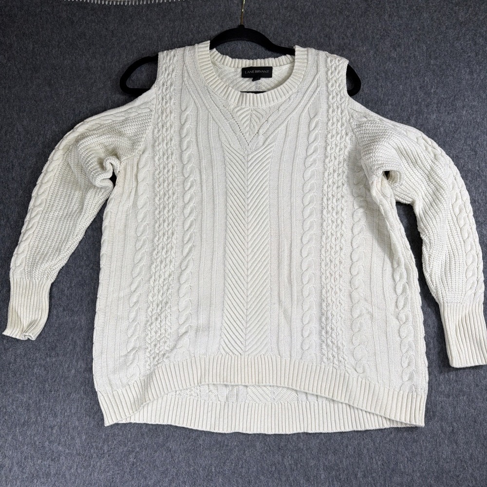 Lane Bryant‎ Cable Knit Sweater Womens 18/20 Cream Cozy Winter Open Shoulder
